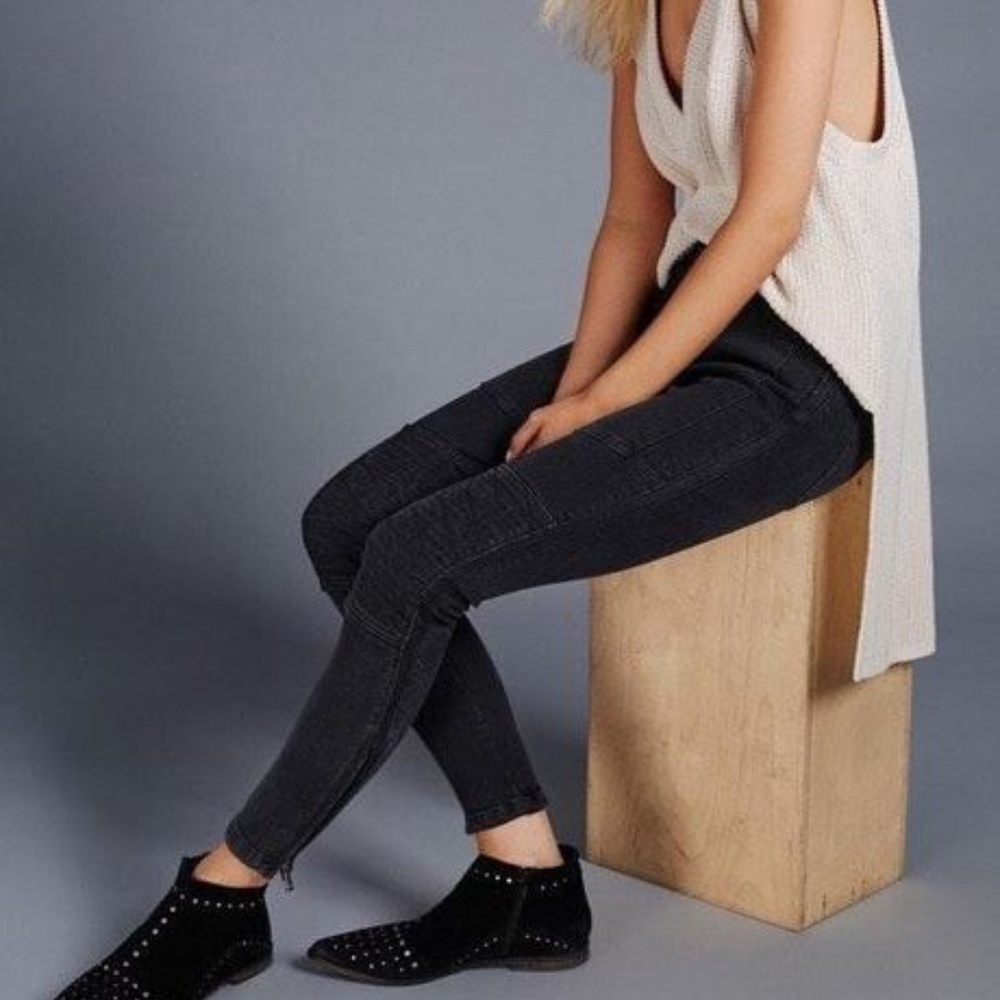 Free People Moto Magic Mid-Rise Skinny Moto Zipper Jeans Black Size 27